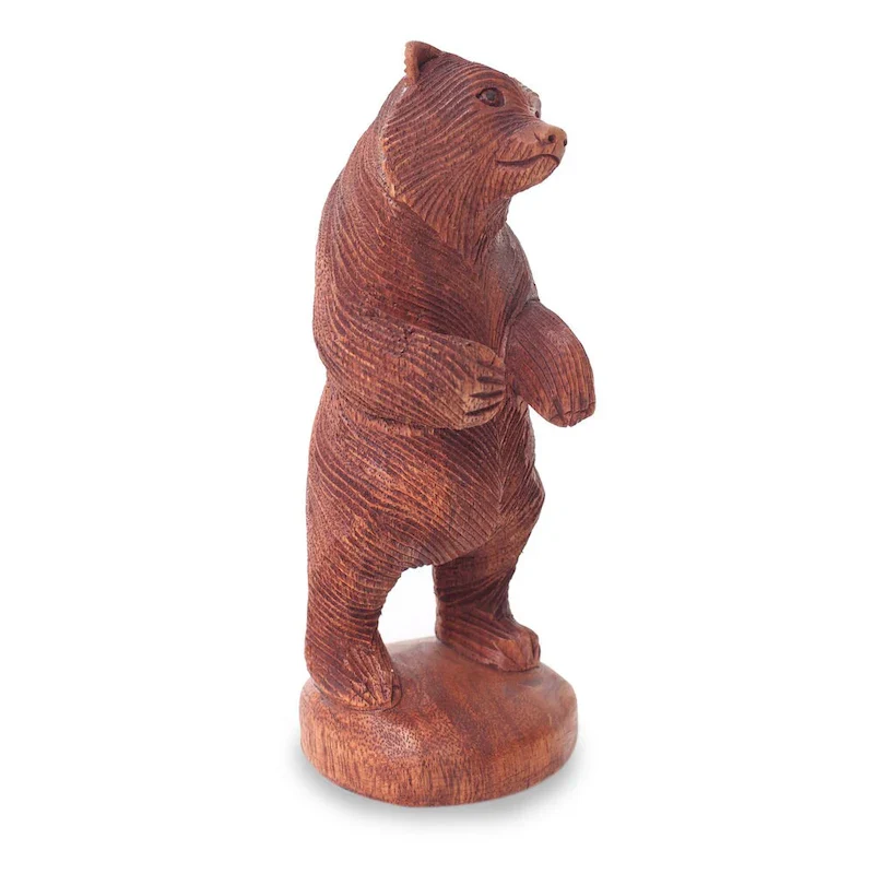 Handcrafted Suar Wood 'Inquisitive Brown Bear' Statuette (Indonesia) - 7.75  H x 3  W x 3  D