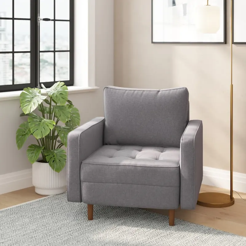 Dark Gray / Slate Gray Faux Linen Mid-Century Tufted Armchair with Solid Wood Legs – Single