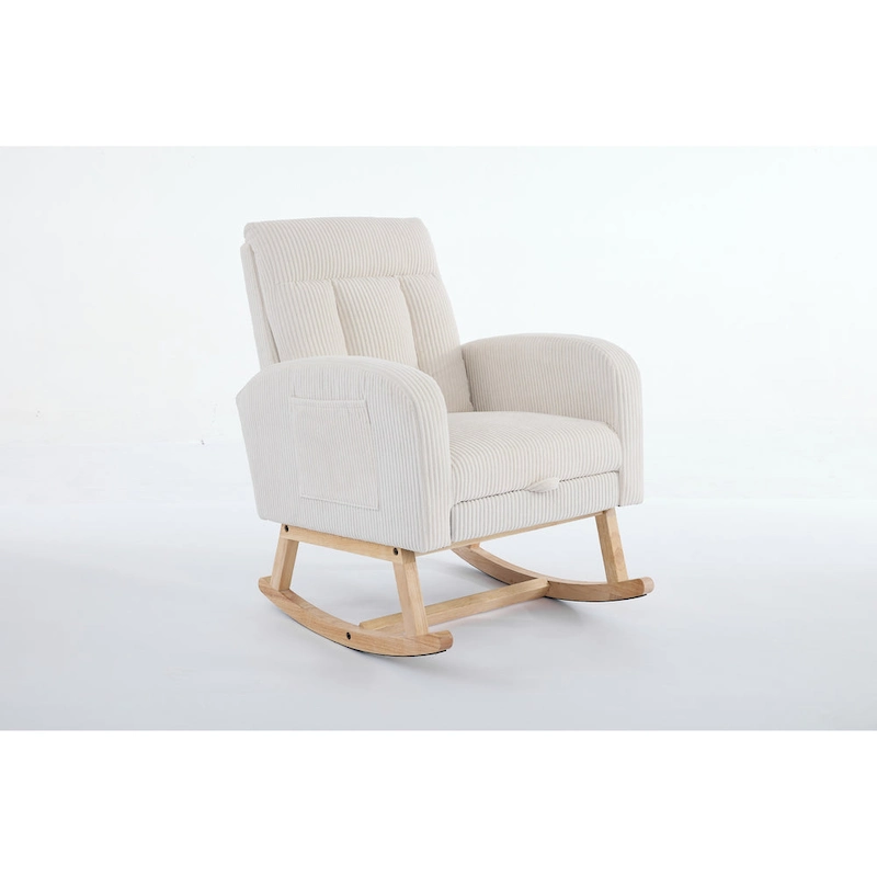 Accent Rocking Chair with Solid Wood Legs, Upholstered Nursery Glider Rocker, Comfy Armchair with Side Pocket