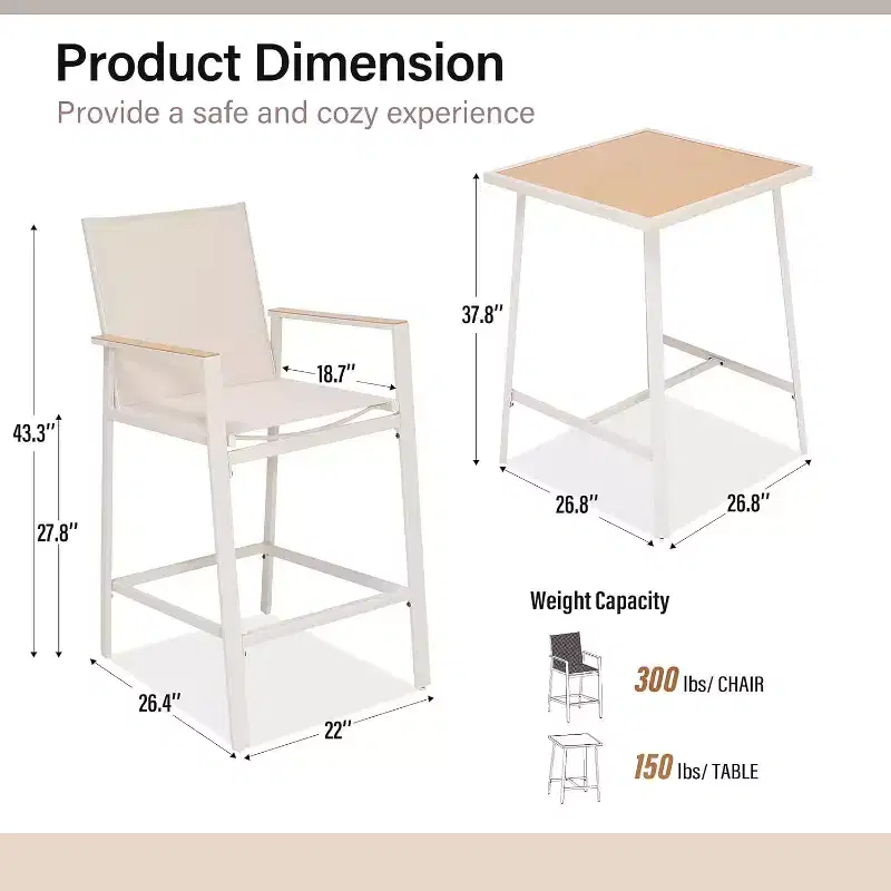 LAUSAINT HOME 3-Piece Patio Bar Set, All Weather Textilene Bar Height Table and Chairs Set with Wood Like-Top Table