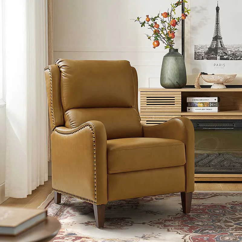 Genuine Leather Wingback Cigar Recliner with Nailhead Trim, Push-Back Recline & Birch Wood Legs | Camel / Navy / Black / Brown / Yellow / Brick / Olive / Beige | Single Seat