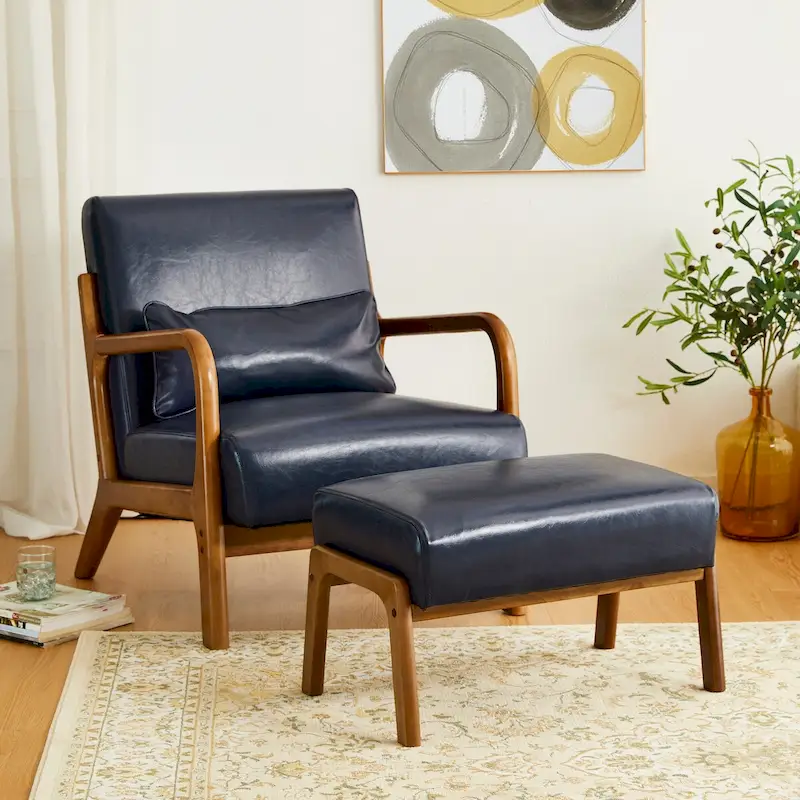 Brown Mid-Century Faux Leather Ottoman Accent Stool, Set of 2