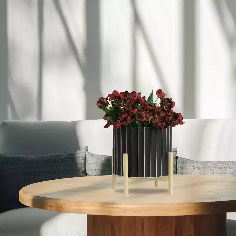Ceramic Planter with Stand - Fluted Stoneware Pot and Pine Wood Base, Modern Decorative Plant Holder
