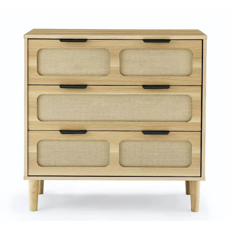 Modern Rattan Dresser Cabinet With Wide Drawers And Metal Handles