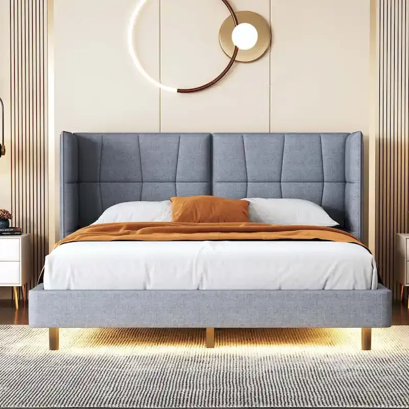 Upholstered Platform Bed with LED Lights and U-Shaped Headboard