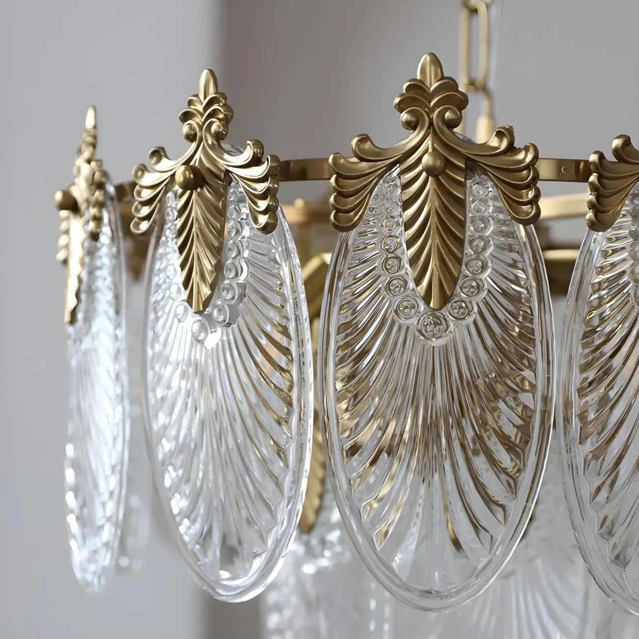 Elegant Brass Ribbed Glass Tiered Chandelier