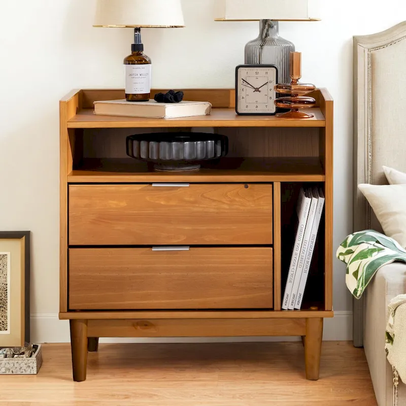 Mid-Century Modern Solid Wood 2-Drawer Gallery Nightstand