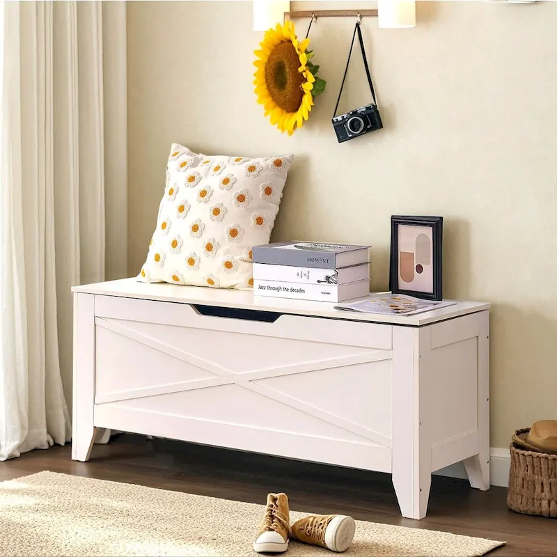 Storage Bench, Wooden Chest for Storage with Wicker Mat Safety Hinges, Entryway Shoe Bench Storage Trunk Industrial Style