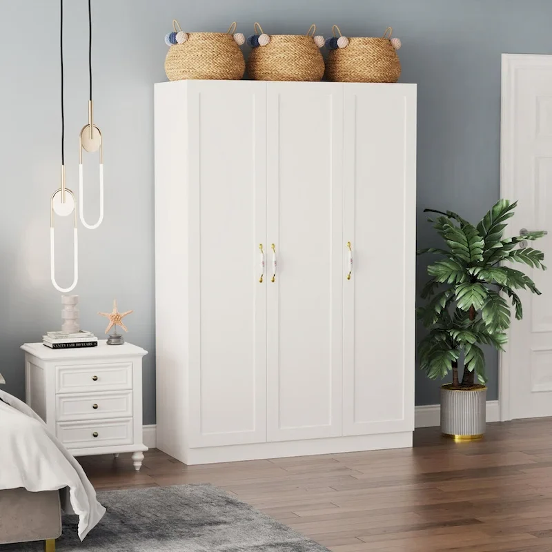 47.2W Wardrobe with Three Doors, Two Hanging Rods and Floral Handles