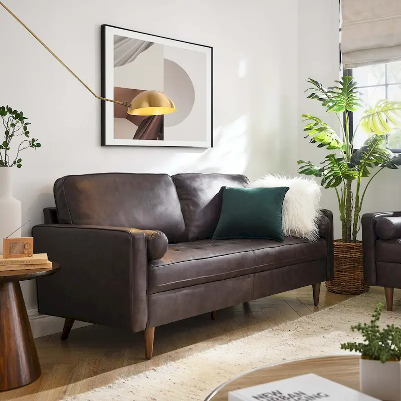 Brown Leather Mid-Century Sofa for 3 People