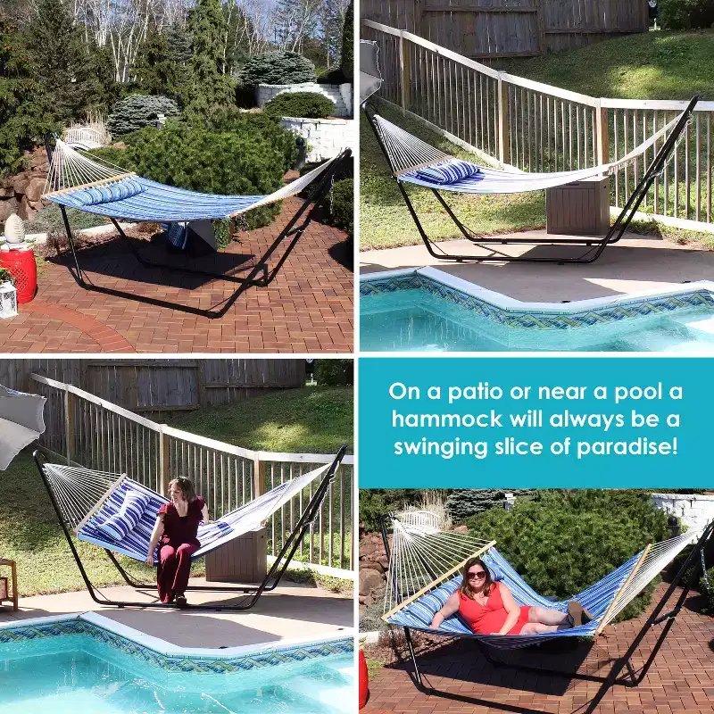 Sunnydaze Double Quilted Fabric Hammock with Universal Steel Stand - 450-Pound Capacity