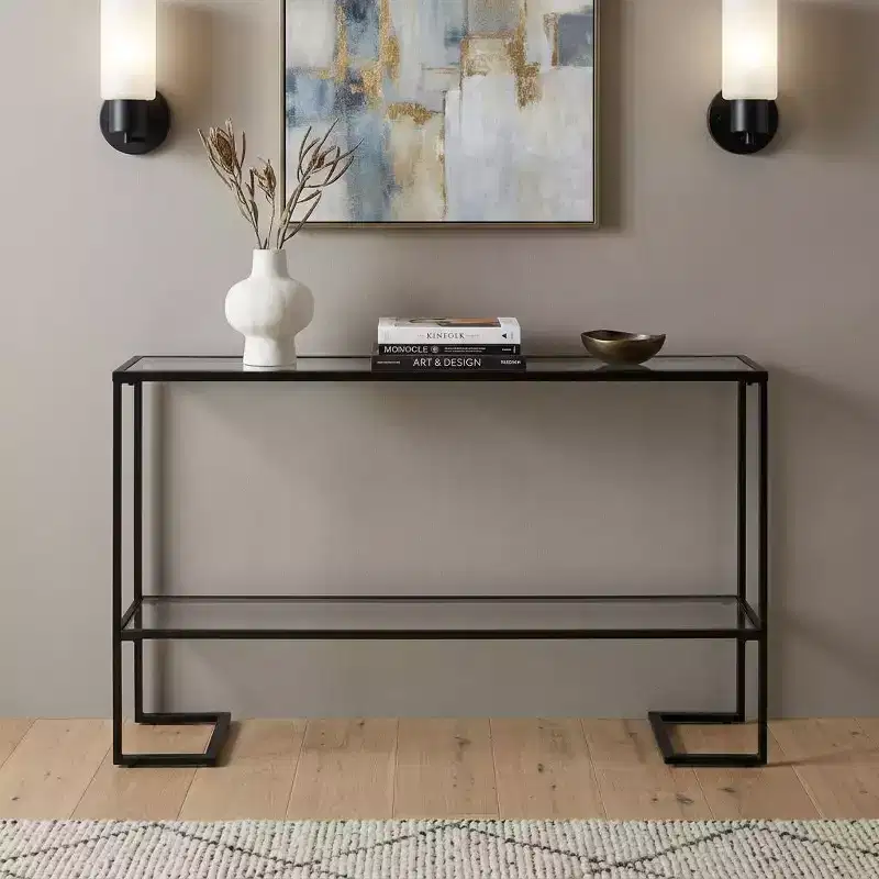 HomeRoots 52 Clear and Black Glass Mirrored Sled Console Table With Shelves
