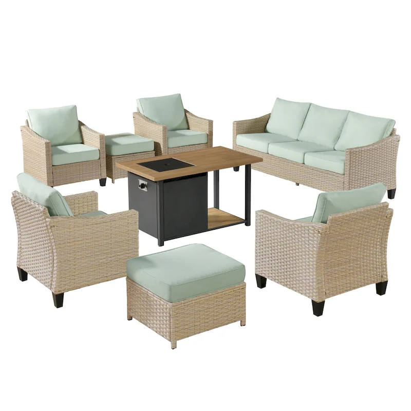 HOOOWOOO 8-piece Patio Wicker Rattan Conversation Set with Multifunctional Fire Pit Table