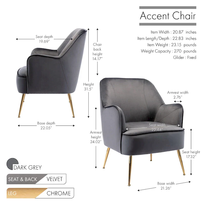 Velvet Upholstered Accent Chair with Gold Chrome Legs