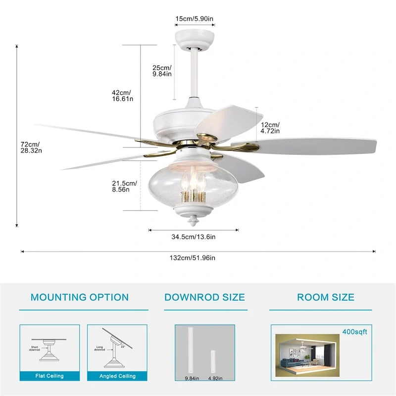 52  Low Profile Ceiling Fan with Remote Control, 3 Speed, Glass Shade