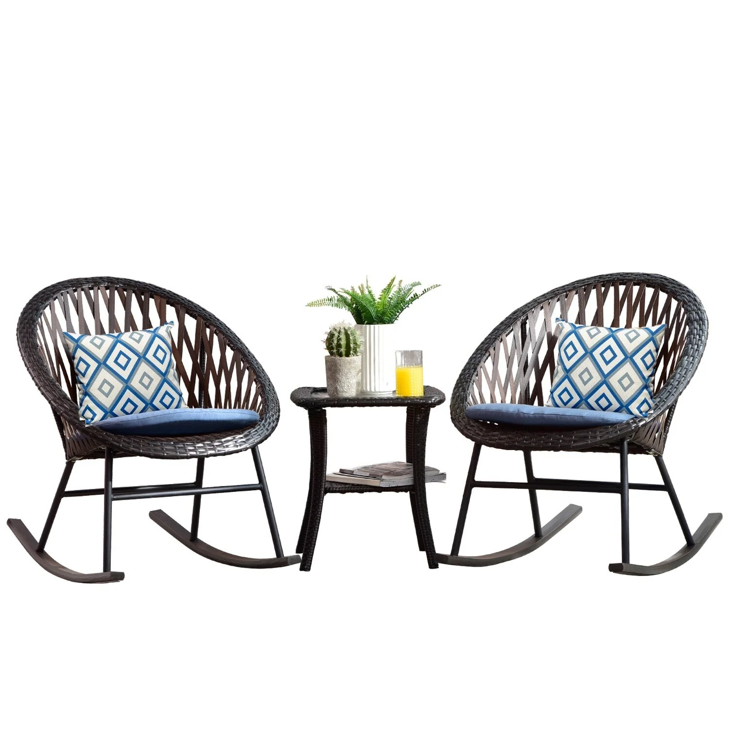 OVIOS 3-piece Patio Rocking Chair Bistro Set with Glass Coffee Table
