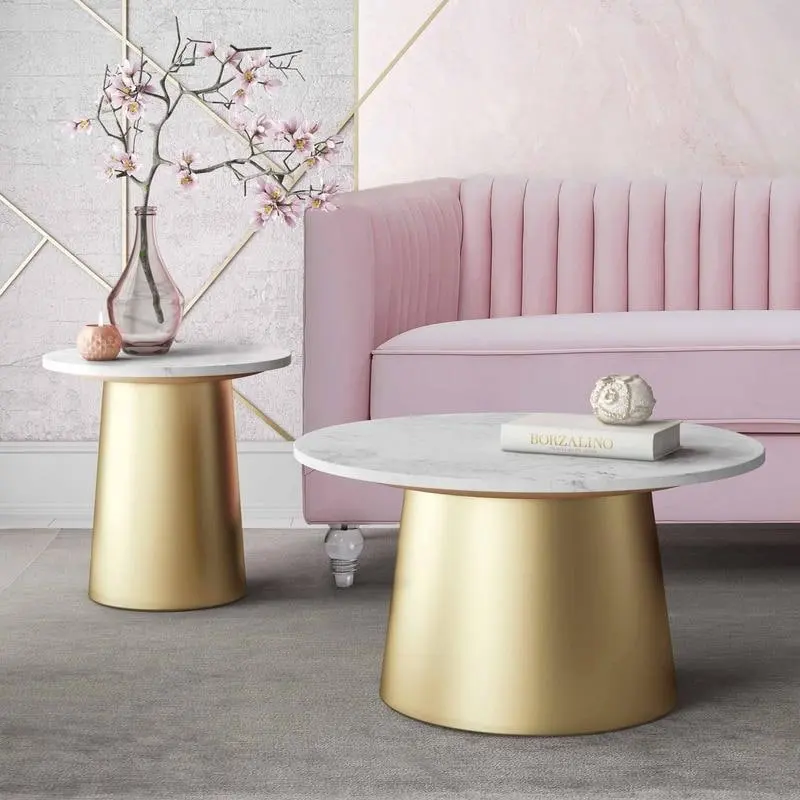White & Gold Round Marble Top Side Table with Brushed Gold Base – Handmade