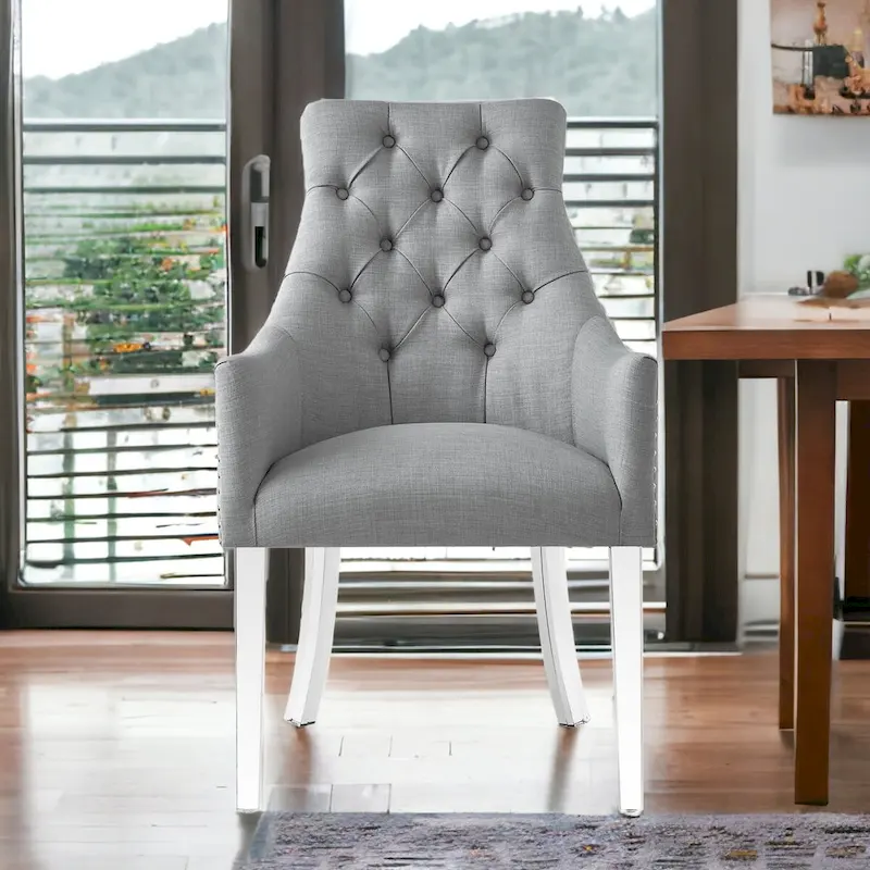 Tufted Light Gray Linen Dining Arm Chairs with Nailhead Trim – Set of 2