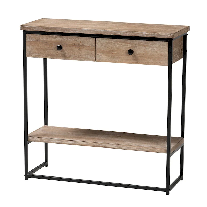 Modern Industrial 2-Drawer Console Table, Natural Brown Wood and Black Metal