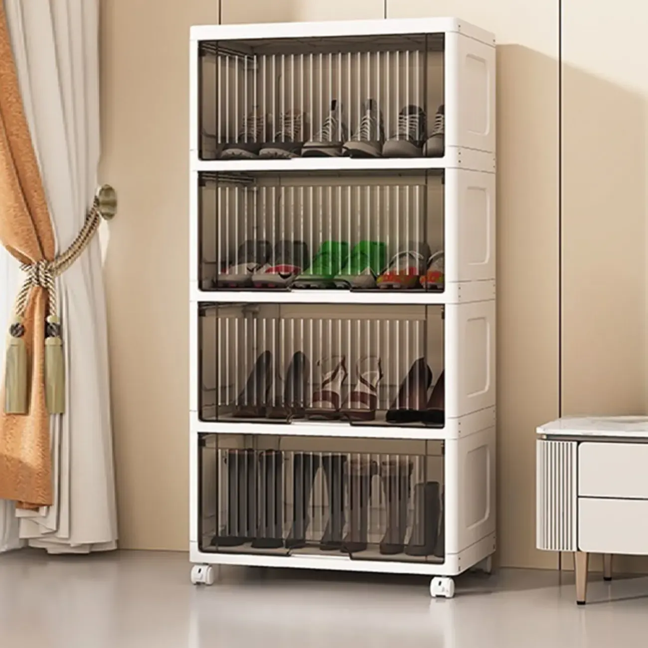 Hallway White Plastic Drop-Front Shoe Cabinet with Casters