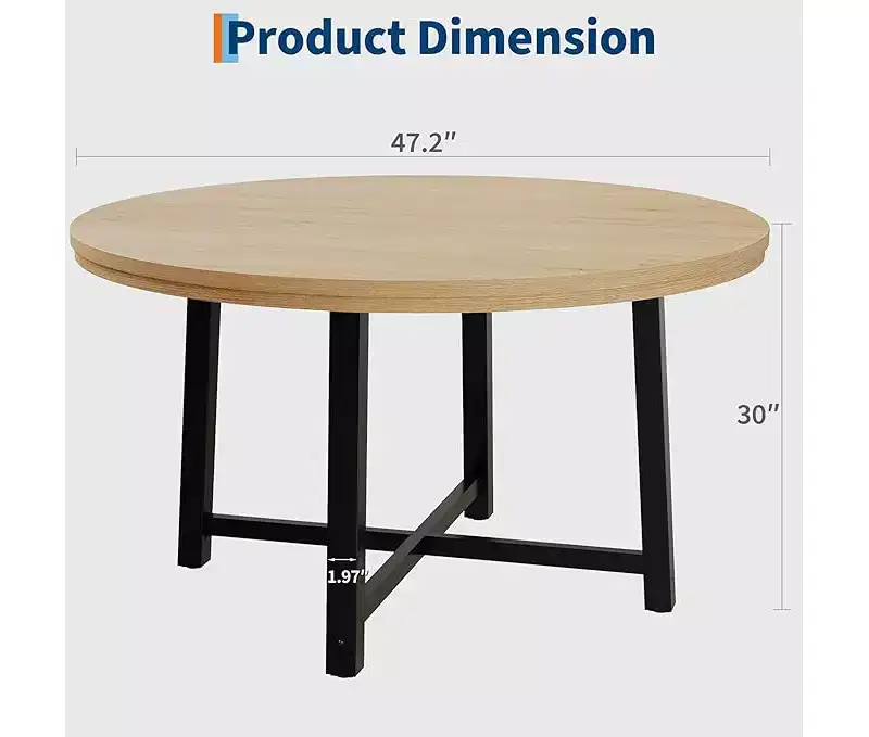 Round Dining Table for 4-47 Wood Circle Dinner Table with Metal Frame, Farmhouse Kitchen Dining Room Furniture for Home