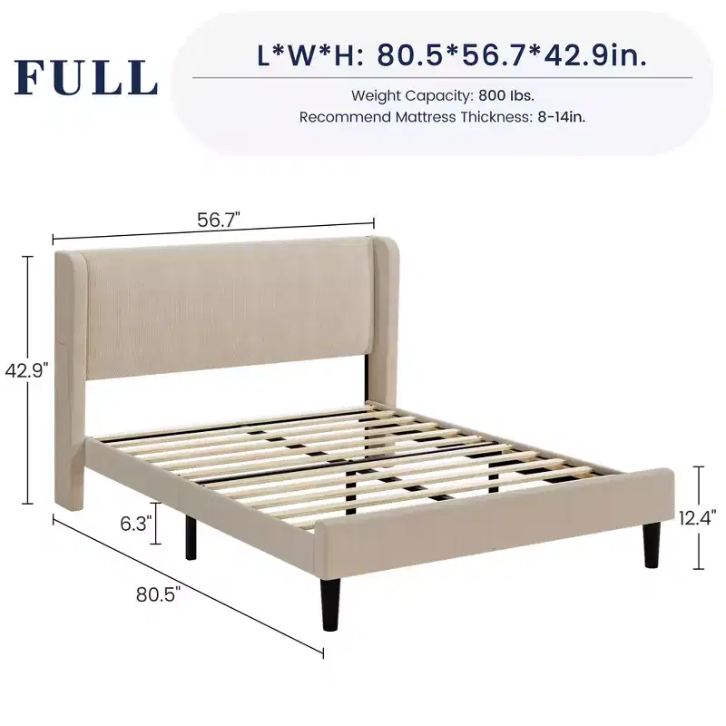 Bed frame with headboard and wing back, striped velvet upholstered bed frame with 2 storage pockets, sturdy wooden slat support, easy to assemble