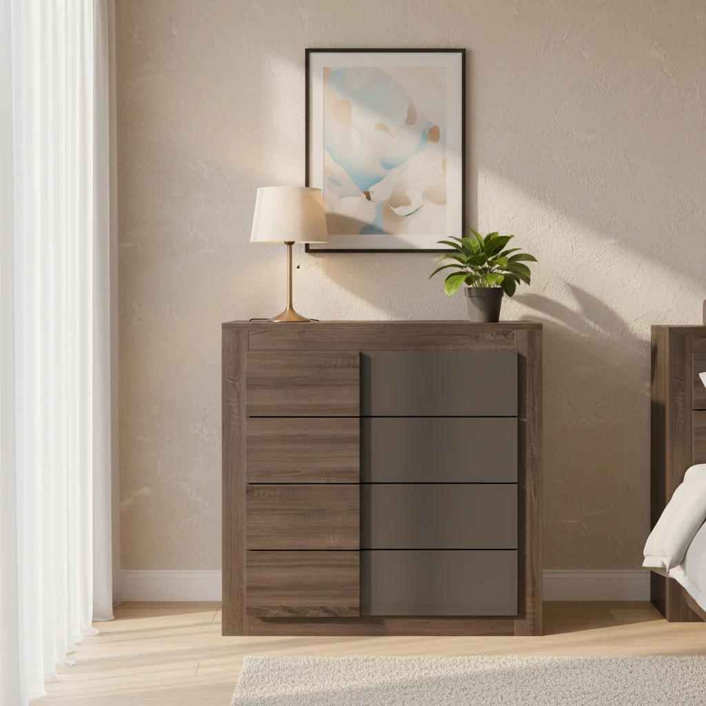 4-Drawer Chest with Invisible Pulls – Dark Oak & High-Gloss Grey, Modern Style, Single