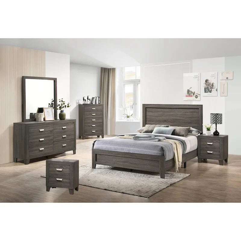 6-Piece Bedroom Set with Panel Bed, Dresser, Mirror, Chest and 2 Nightstands