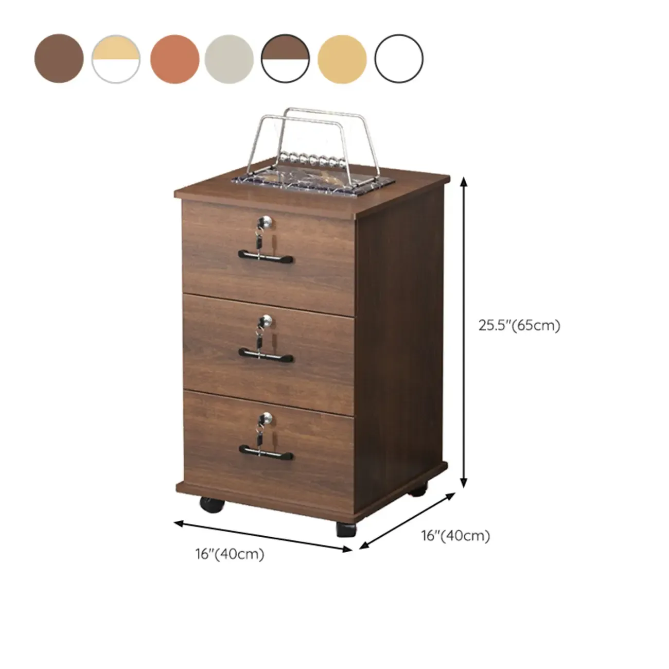 Lokable Brown-White Wood 3 Drawers Mobile Filing Cabinet