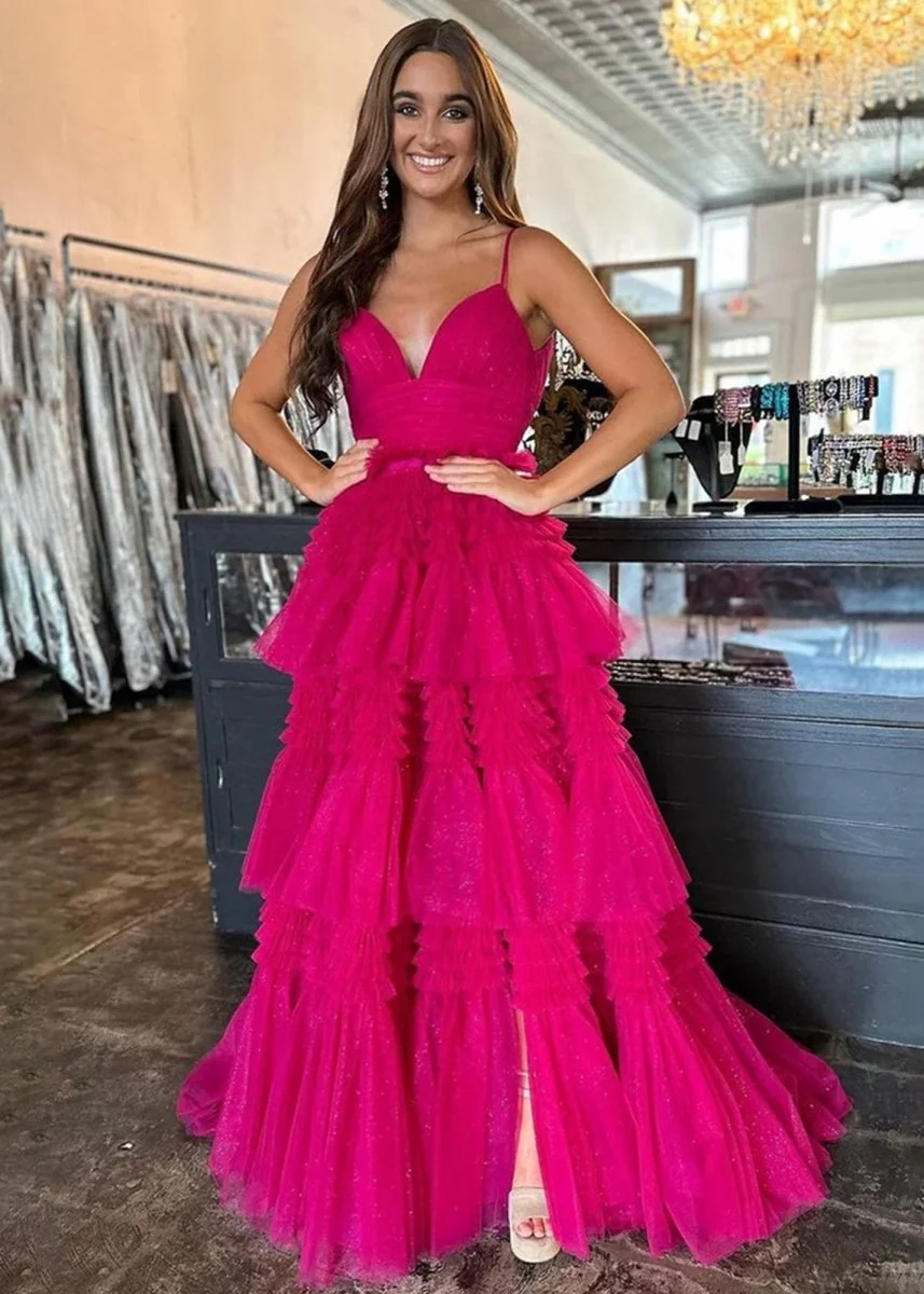 A-Line Spaghetti Straps Long Tiered Tulle Prom Dress With Split