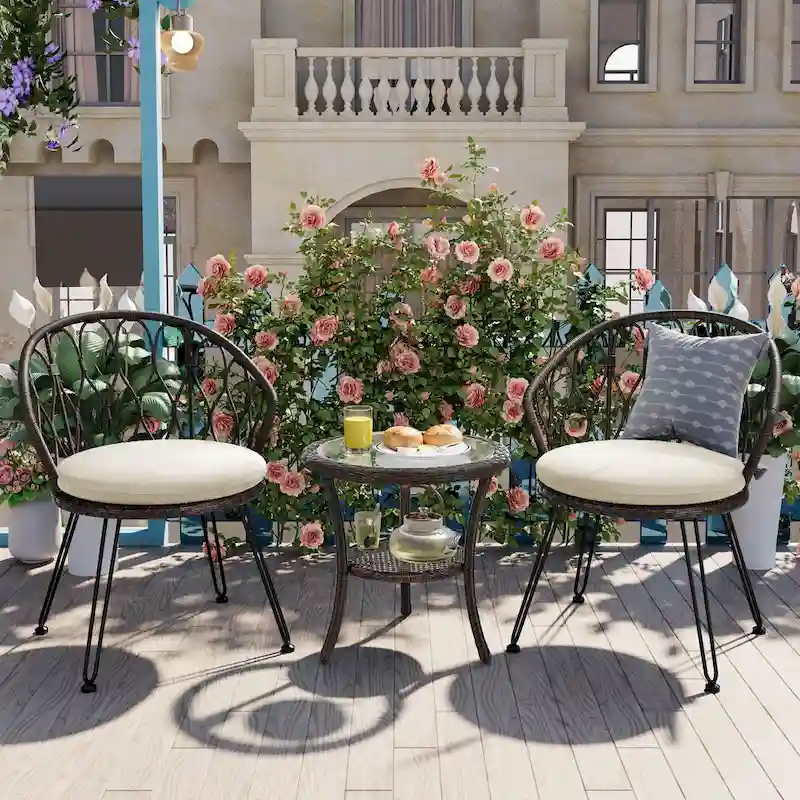Outdoor 3 Piece Casual Dining Table Set Glass Round Coffee Table with Storage Rack and 2 Rattan Chairs with Cushions