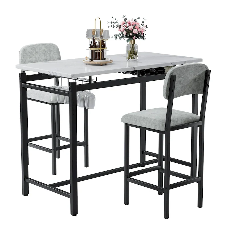White Marble-Top Bar Table Set with 2 Stools, 2-Person