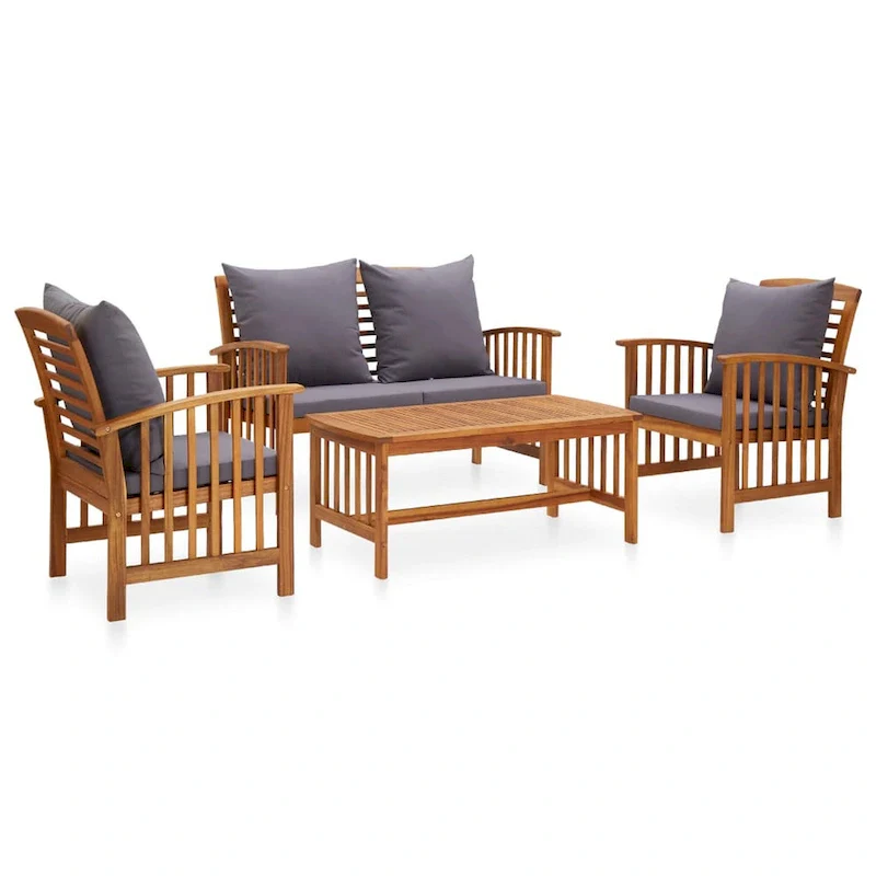 Mia 4pc Patio Lounge Set, 2 Chairs, Sofa, Table, Gray Cushions, Brown