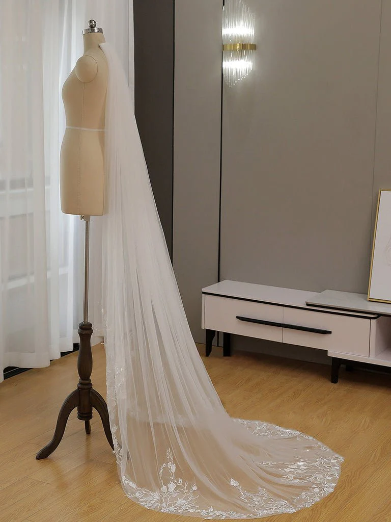 Simple Floral Lace Chapel Train Veil Bridal Veil Wedding Veil