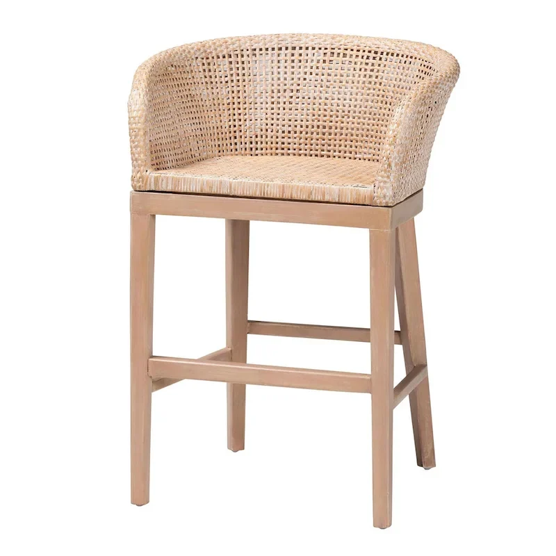 Papua Modern Bohemian Natural Rattan and Acacia Wood Counter Stool