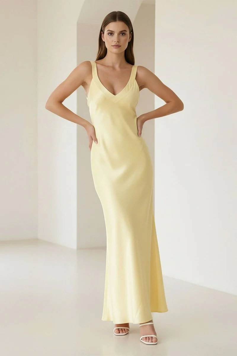 Yellow Mermaid Satin V Neck Long Party Dress