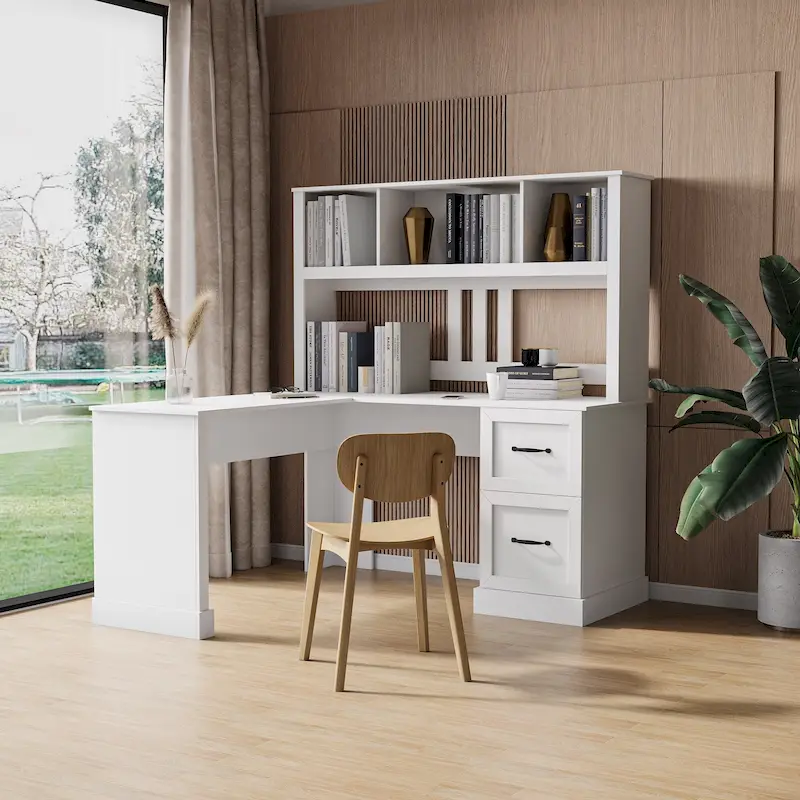 White/Black Computer Desk with 2-Tier Shelf & 2 Drawers, 1-Person