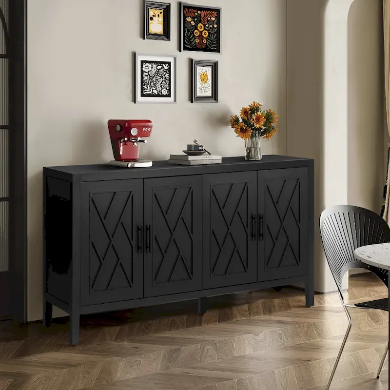 Antique Black / Brown 4-Door Wood Sideboard with Patterned Doors and Adjustable Shelf