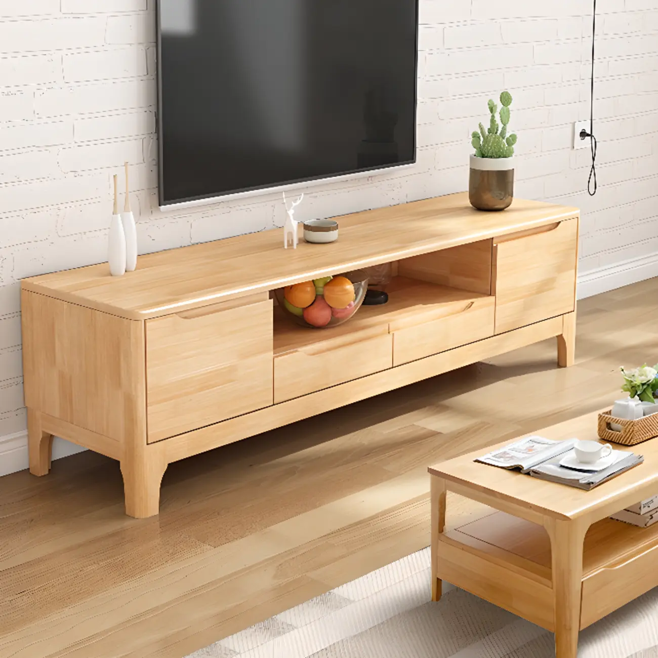 Durable Natural Wooden TV Stand with Cable Management