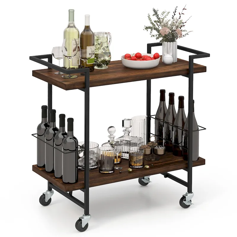 Gymax Home Bar Cart 2-tier Home Bar Cart w/ Lockable Wheels &