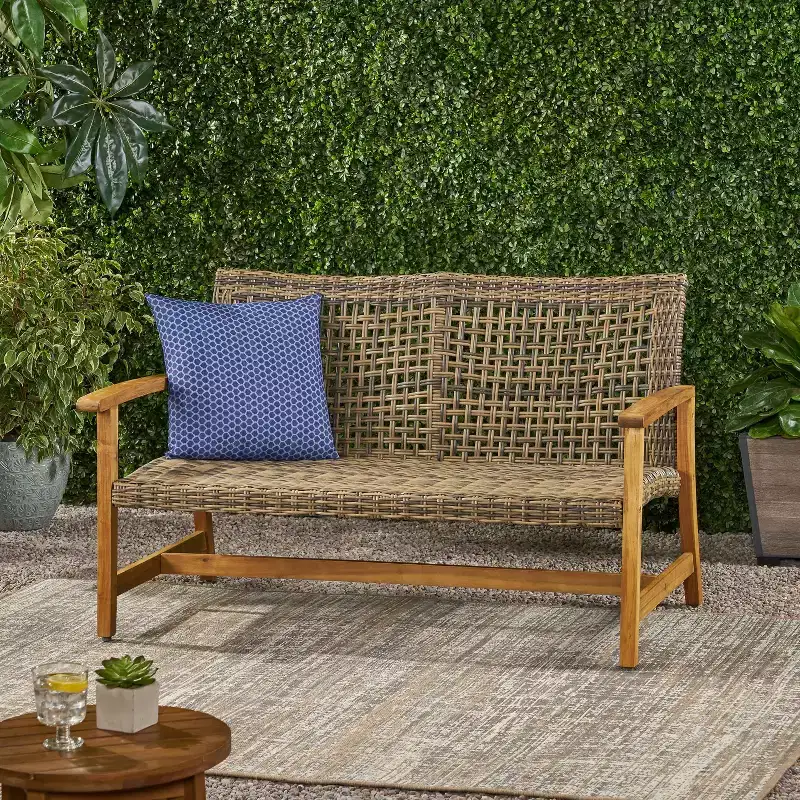 GDFStudio Jean Outdoor Acacia Wood and Wicker Loveseat