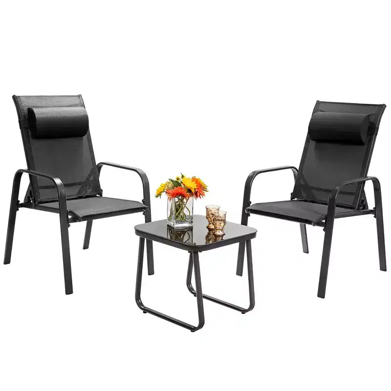 Costway 3PCS Patio Bistro Furniture Set Adjustable Back Stackable Chairs Brown\Black
