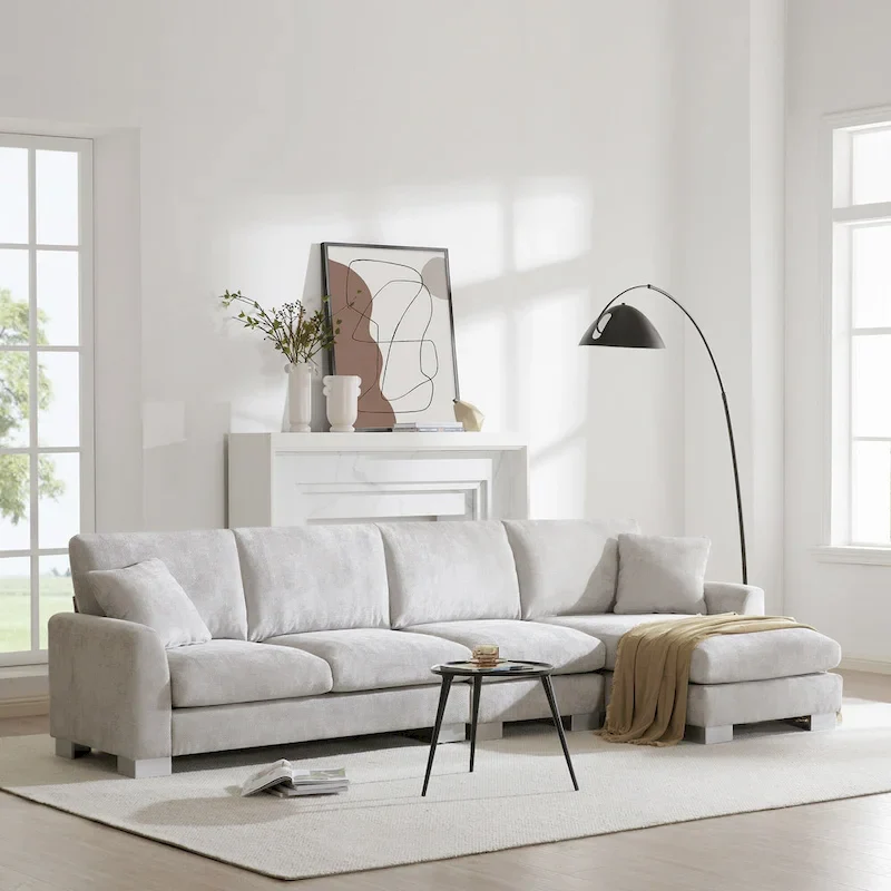 White / Light Gray L-Shaped Sectional Sofa with Chaise, Seats 4–5