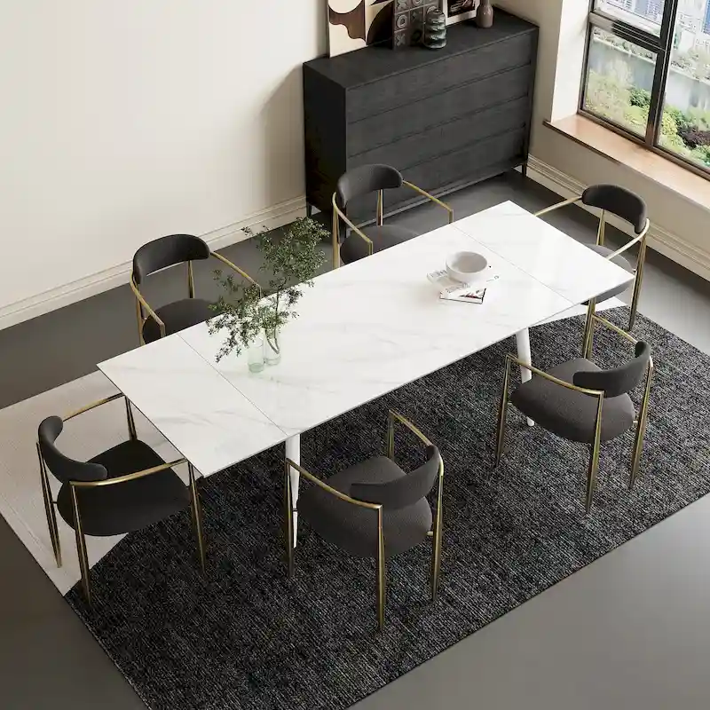 7 - Piece Extendable Sintered Stone Dining Table Dining Set With 6 Fabric Chairs