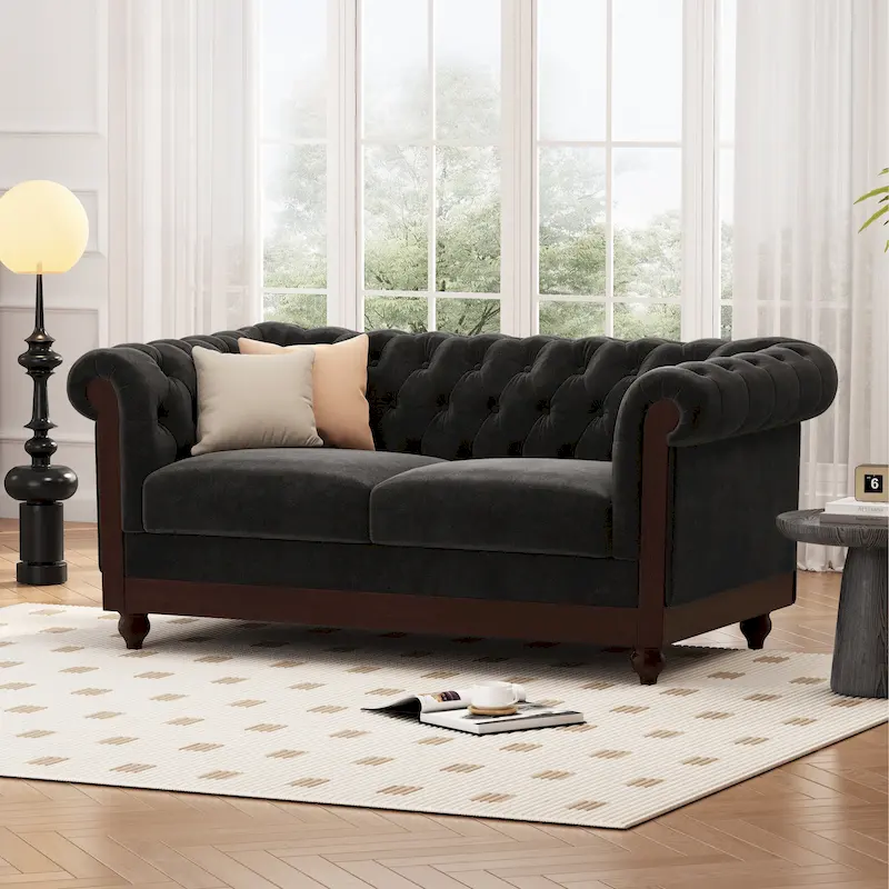 Tufted Velvet Chesterfield Loveseat – Black / Dark Gray / Forest Green, Classic Style, 2-Person