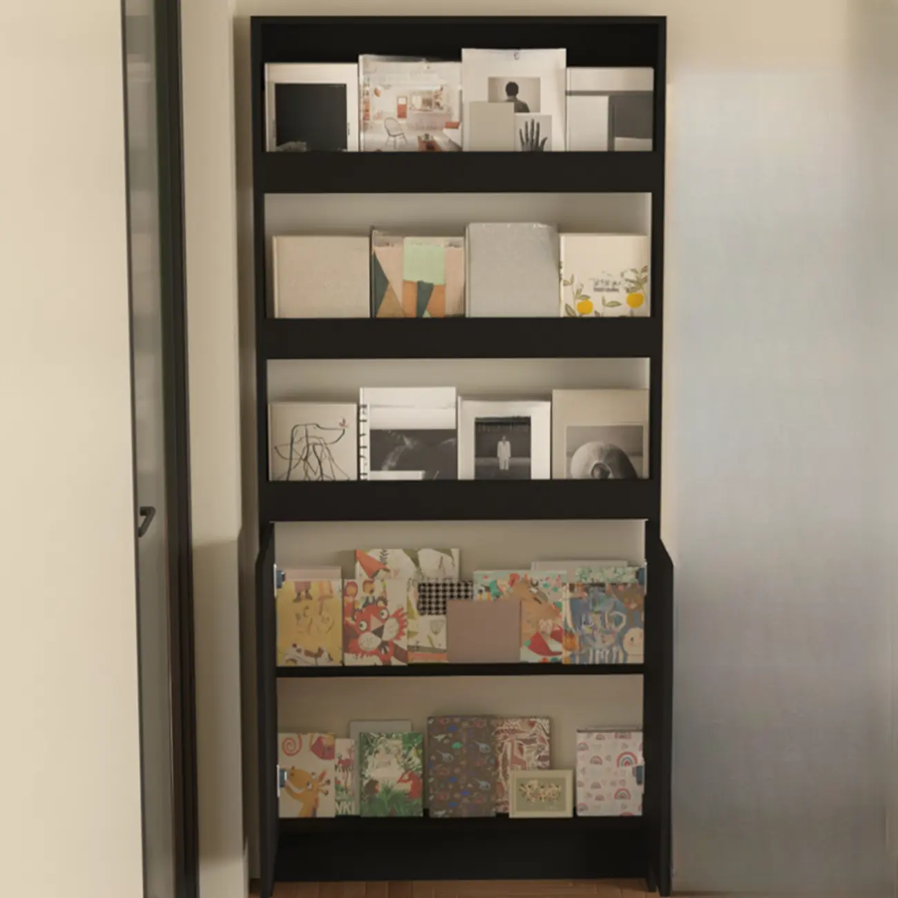 Slim Black 5-Tier Open Back Wood Bookcase with Cabinet