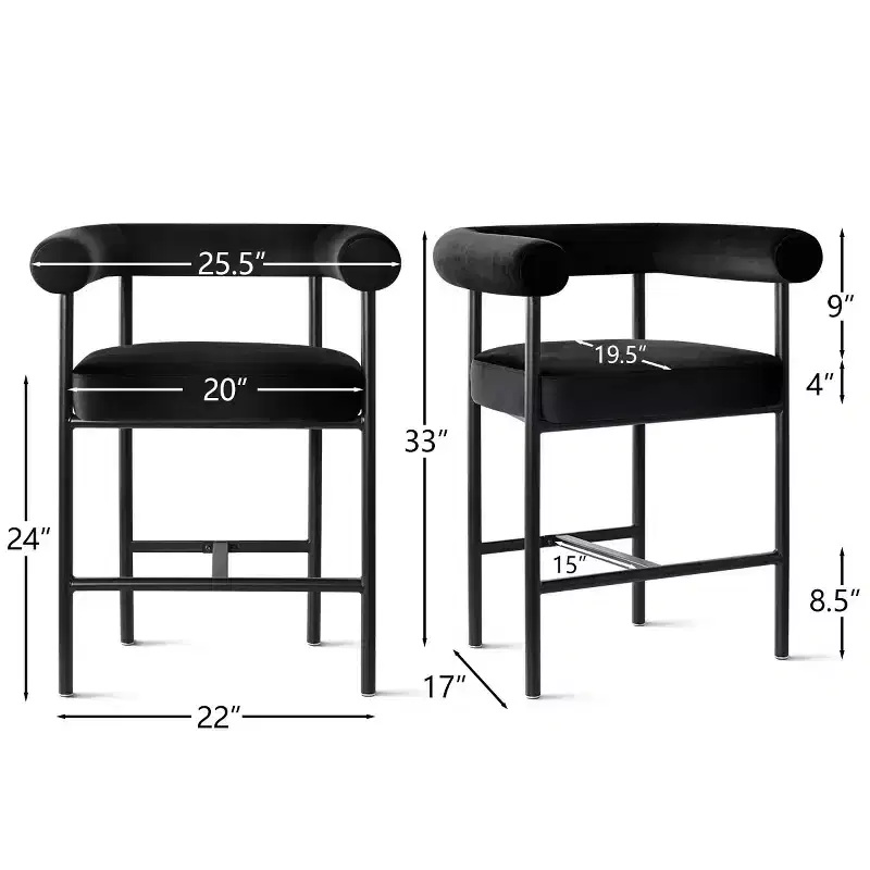 Set of 2 Velvet Counter Height Bar Stools, 24 Upholstered Barrel Back Kitchen Island Chairs with Arms - Panipeachy