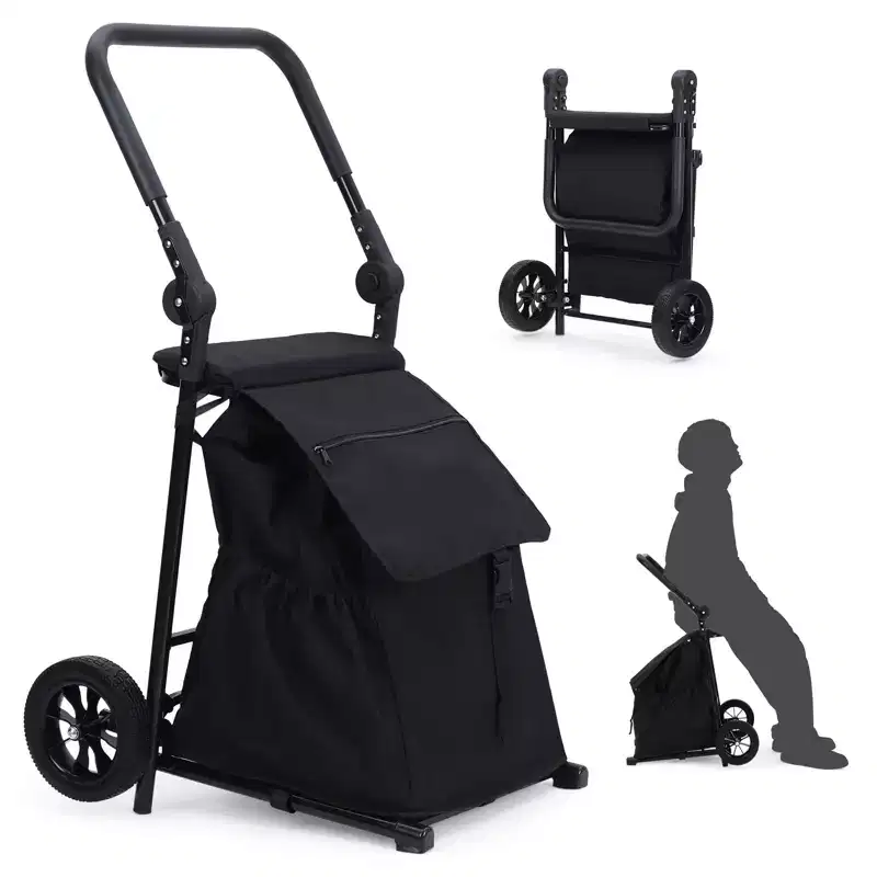2 in 1 Foldable Shopping Cart with Seat, 132 lbs Capacity Waterproof Grocery Cart with Wheels for Home, Travel - Black