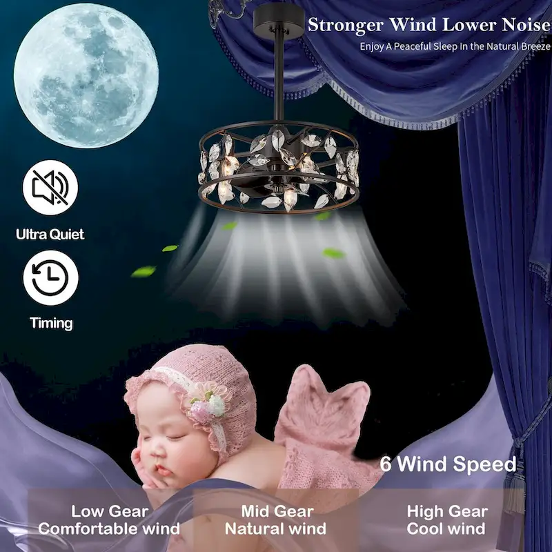 Cusp Barn 18in. Modern Crystal Caged Ceiling Fan With Light, Industrial Metal Shade Reversible 6-Speed Ceiling Fan With Remote