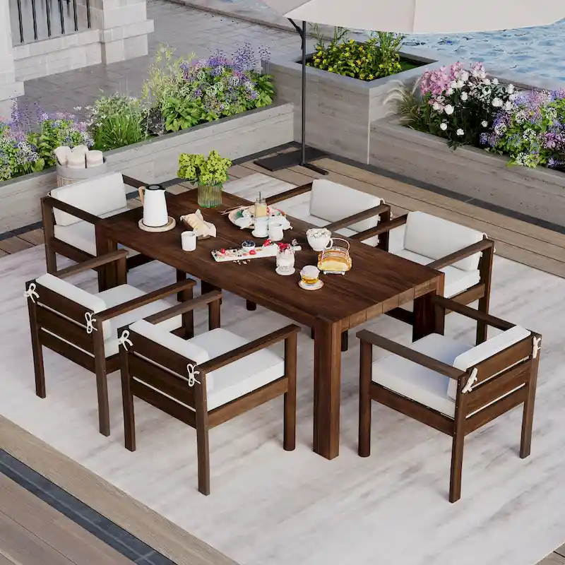7-Piece Outdoor Patio Dining Set Wood Rectangular Dining Table and 6 Arm Chairs with Parasol Hole and Removable Cushions